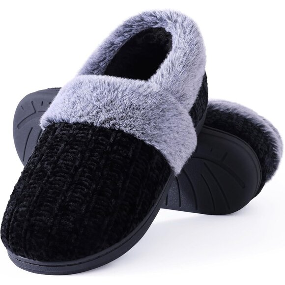 ⚡Women's Black Fuzzy Memory Foam Slippers Closed Back Knit Slip-On House Shoes - Picture 1 of 6